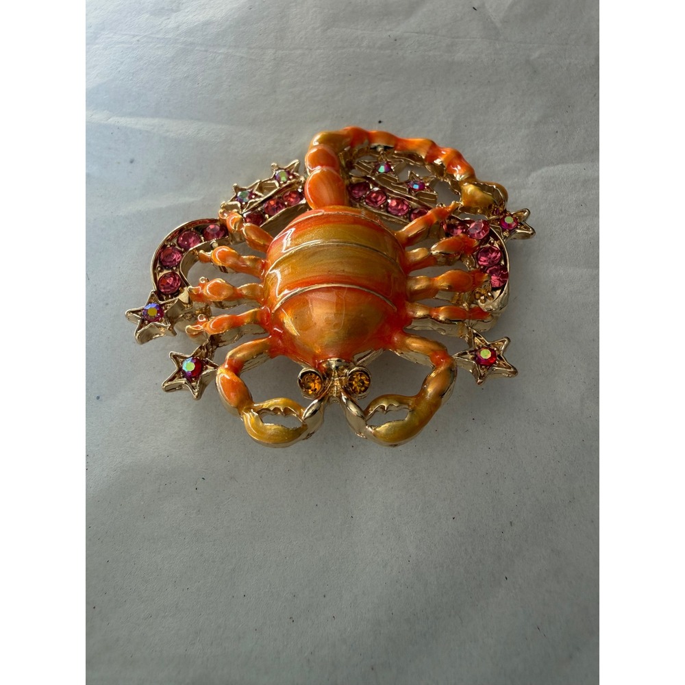 Gold Tone Orange Enamel Scorpion Brooch Pink Rhinestone Celestial Star Pin - Picture 2 of 5